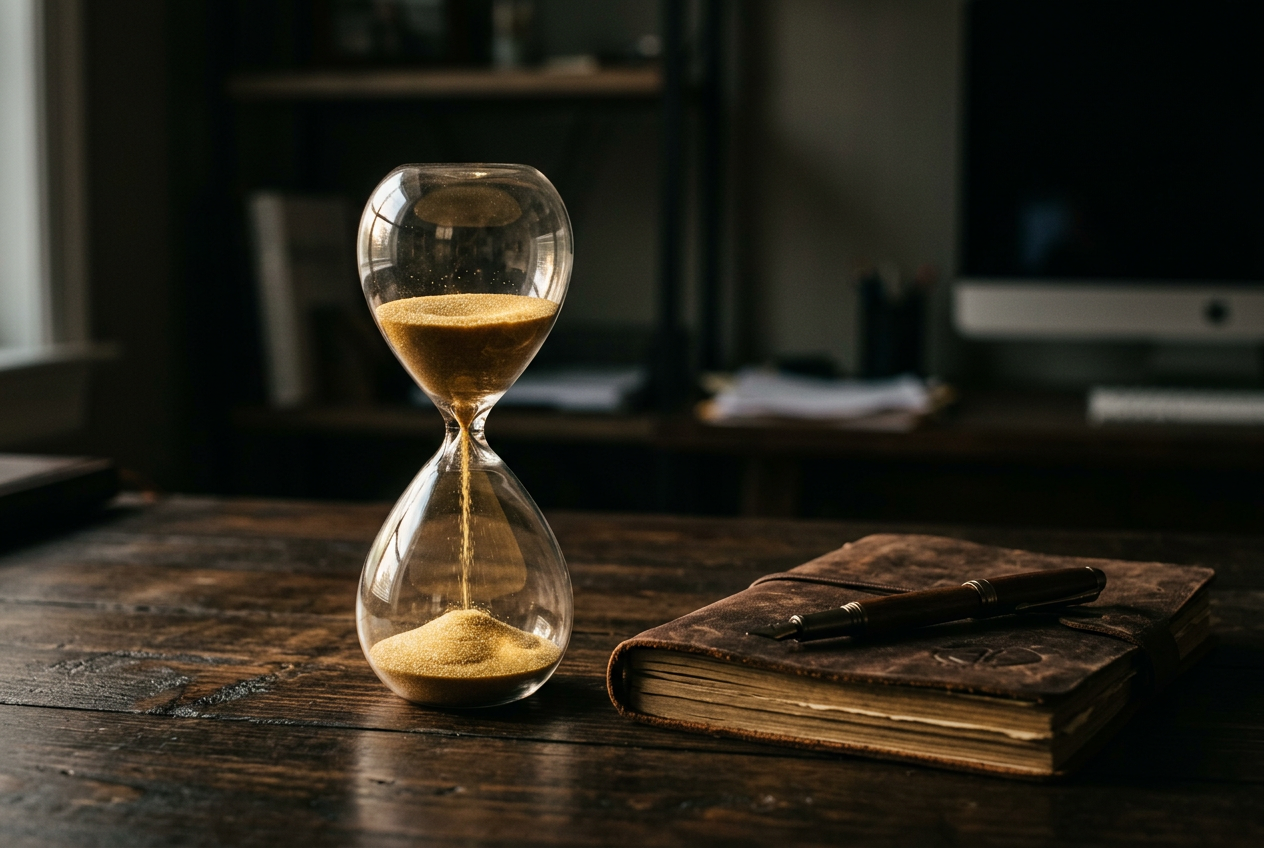 A professional conceptual image of an hourglass and a notebook, symbolizing time management and caution.